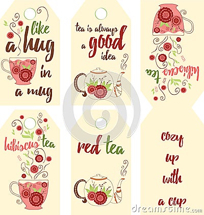 . Set of hand drawing red tea labels with hibiscus flavor. Stock Photo