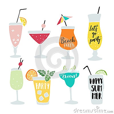 Set of hand drawn alcoholic drinks, cocktails with lettering quotes. Summer holiday and beach party concept. Isolated Vector Illustration