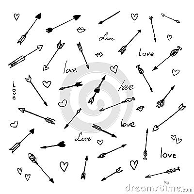 Set of hand drawn arrows and hearts. Vector illustration. Vector Illustration