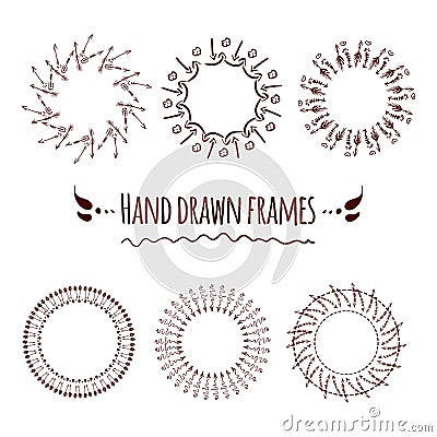 Set of hand drawn badges, borders, frames and labels. Vector Illustration