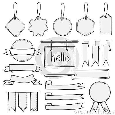 Set Of Hand Drawn Banners Labels Tags And Ribbons. Hand Drawn Doodle Isolated Elements. Vector Illustration