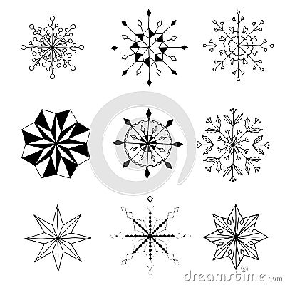 set of hand-drawn beautiful snowflake. decor element. monochrome. vector doodle Vector Illustration