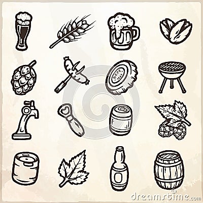 Set of hand drawn beer icons. Vector Illustration