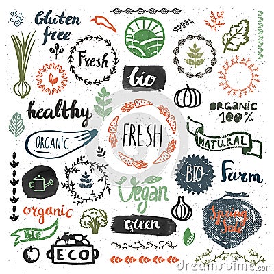 Set of hand drawn bio, organic, eco product logos, badges, tags. Vector Illustration