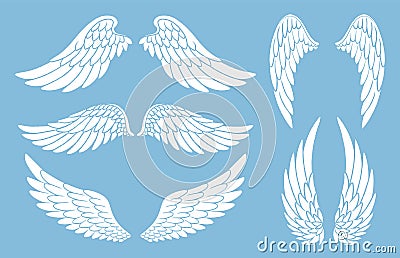 Set of hand drawn bird or angel wings of different shape in open position. Doodle wings white silhouettes set. Vector Illustration