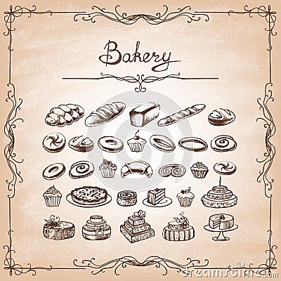 Set of hand-drawn bread on old paper. Vector Illustration