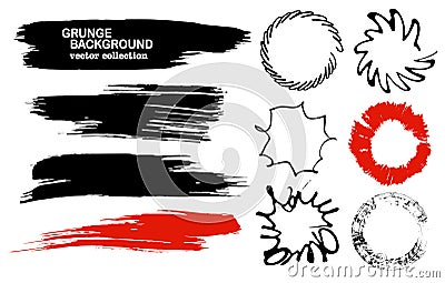 Set of hand drawn brushes and design elements. Black paint, ink brush strokes, splatters. Artistic creative shapes Vector Illustration