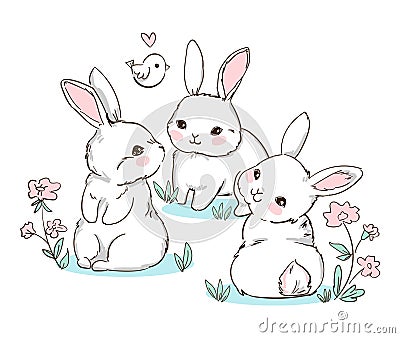 Set Hand Drawn Bunny and little bird, flowers. Cute Rabbits Vector. Print Design for Kids Fashion. Vector Illustration