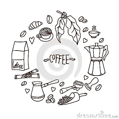 Set of hand drawn cafe theme. Doodles for coffee, bakery for cafe menu, pastry shop. Banner for menu and recipes Vector Illustration