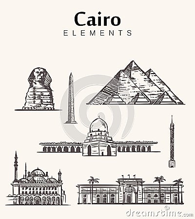 Set of hand-drawn Cairo buildings.Egypt sketch vector illustration. Cartoon Illustration