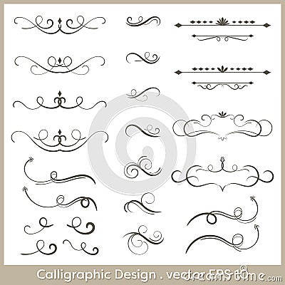 Set of hand drawn calligraphic and decorative design elements, deashes and dividers. Vector Illustration