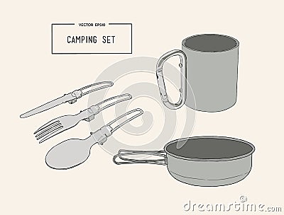 Set of hand drawn camping equipment drawing vector. Vector Illustration