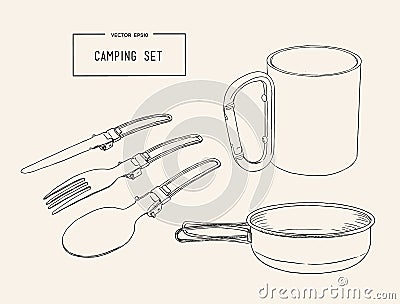 Set of hand drawn camping equipment drawing vector. Vector Illustration