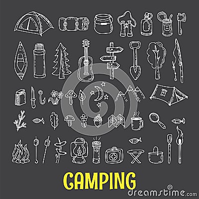 Set of hand drawn camping and hiking equipment. Hike icons. Tra Vector Illustration