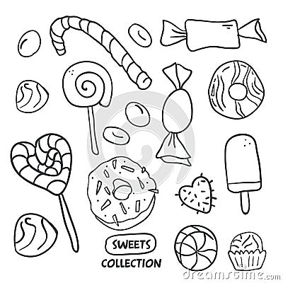 Set hand drawn candies, donut, lollipop, candy Vector Illustration