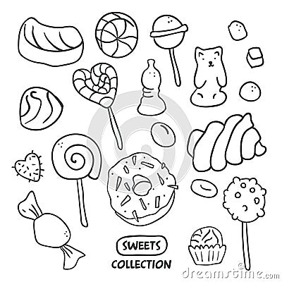 Set hand drawn candies, donut, lollipop, candy Vector Illustration