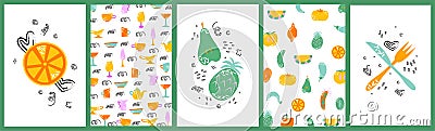 Set of hand drawn cards with fruits and vegetables, kitchen appliances Vector Illustration