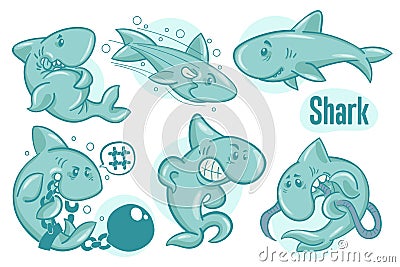Set of hand drawn cartoon sharks. Sea life illustration. Vector Vector Illustration