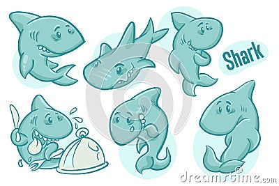 Set of hand drawn cartoon sharks. Sea life illustration. Vector Vector Illustration