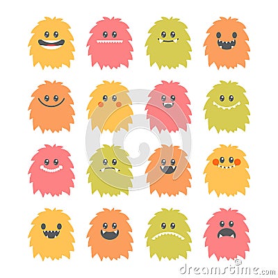 Set of hand drawn cartoon smiley monsters. Collection of different cute and funny fluffy monsters characters Vector Illustration