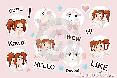 Set of hand drawn cartoon style elements, girls and unicorns collection Vector Illustration