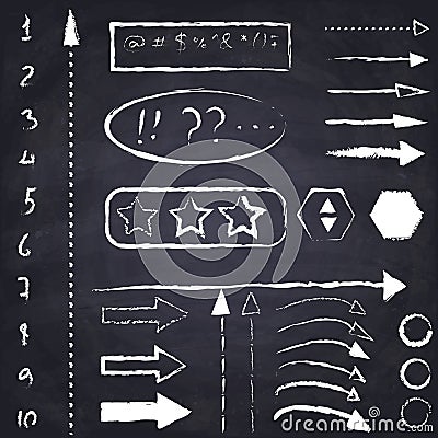 Set of hand drawn chalk arrows and symbols. Vector Illustration