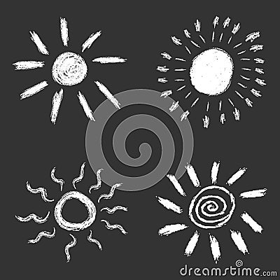 Set of hand drawn chalk sun icons. Vector Illustration