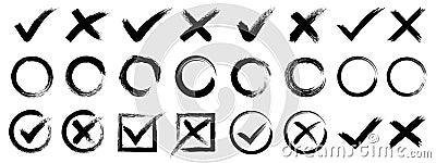 Set hand drawn check mark, tick and cross brush signs, checkmark OK and X icons, symbols YES and NO button, checkbox chalk icons Vector Illustration