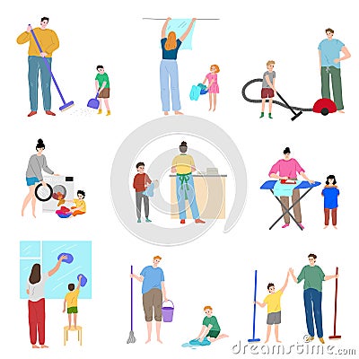Set of hand drawn children helping parents in washing and cleaning home Vector Illustration