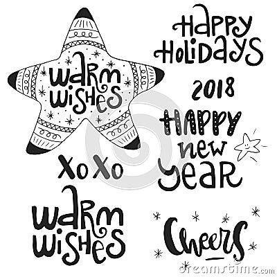 Set of hand drawn Christmas phrases and words. Cute New Year lettering collection. Vector illustration Cartoon Illustration