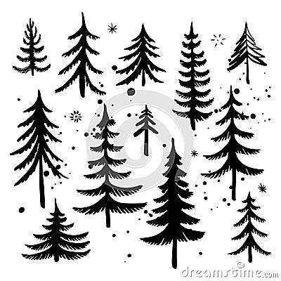 Set of hand drawn Christmas tree. Fir tree silhouettes. Vector illustration. Vector Illustration