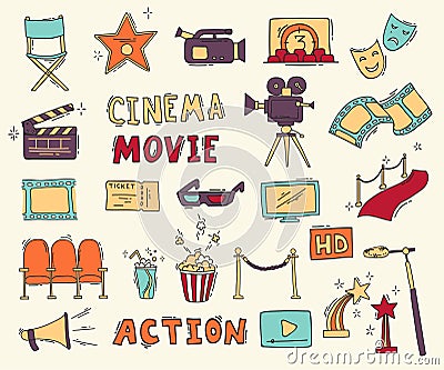 Set of hand drawn cinema icons Vector Illustration