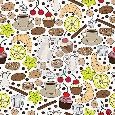 Set of hand drawn coffee and cookie elements. Seamless pattern Vector Illustration