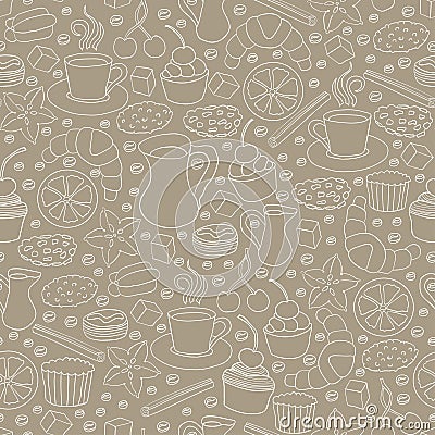 Set of hand drawn coffee and cookie elements. Seamless pattern Vector Illustration