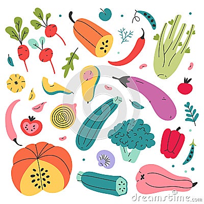 Set of hand drawn colored doodle illustrations of vegetables isolated. Sketch style flat vector collection. Bundle of flat vegetab Vector Illustration