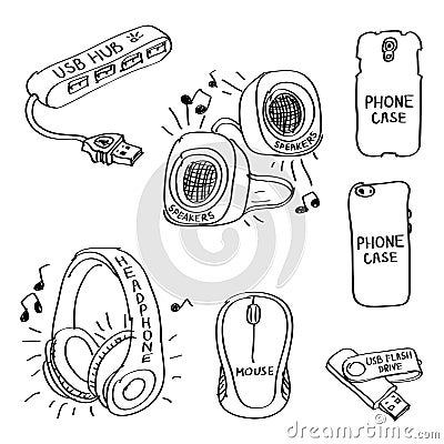 Set of hand drawn computer accessories doodles isolated on a white background. Vector Illustration