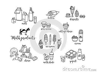 Set of hand drawn contour dairy products. Cheese, milk shake, butter, yogurt, cottage cheese, sour cream, desserts, cow Vector Illustration