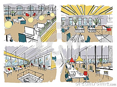 Set of hand drawn coworking. Modern office interiors, open space. workspace with computers, laptops, lighting and place Vector Illustration