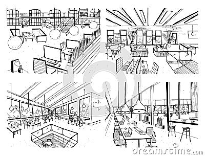 Set of hand drawn coworking. Modern office interiors, open space. workspace with computers, laptops, lighting and place Vector Illustration