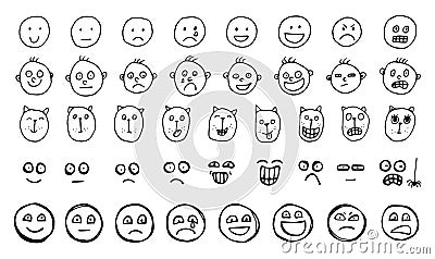 Set of Hand Drawn Creative Vector Emoticons or Sketched Human and Animal Smiles Vector Illustration