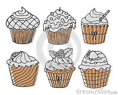 Set of hand drawn cupcakes. A black outline with the addition of pastel colored spots. Minimal design, doodles, icons Vector Illustration