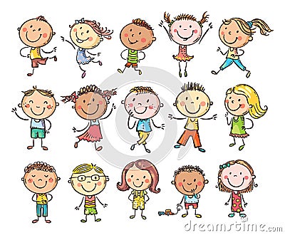 Set of hand drawn cute cartoon doodle kids. Happy children different cultures and skin color Vector Illustration