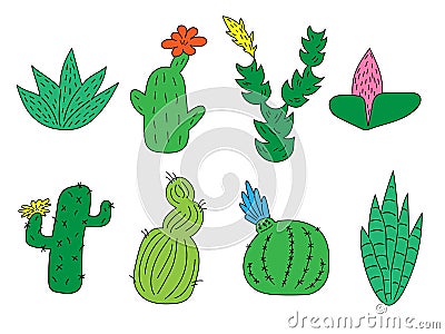 Set of hand drawn cute funny cacti and succulents. Isolated objects on white background. for icons, emoticons, stickers. Vector Illustration