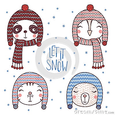 Cute animals in warm hats Vector Illustration