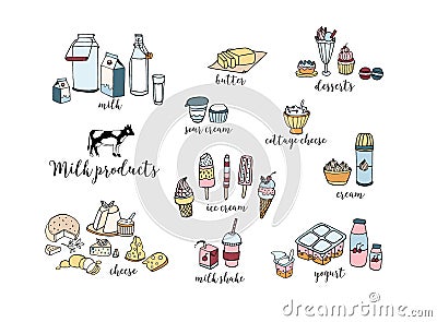 Set of hand drawn dairy products. Cheese, milk shake, butter, yogurt, cottage cheese, sour cream, desserts, cow. Vector Vector Illustration