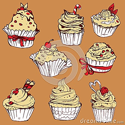 Set of hand drawn decorated sweet cupcakes - elements for cafe, Vector Illustration