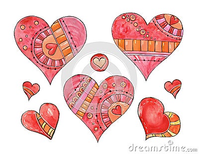 Set of hand drawn decorative stylized love hearts. Cartoon Illustration