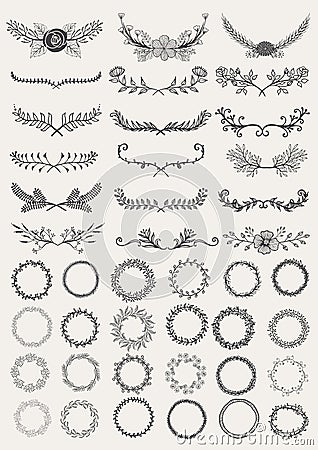 Set of hand drawn decorative wreaths and laurels Vector Illustration