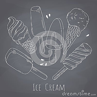 Set of hand drawn different ice cream. Food design Vector Illustration