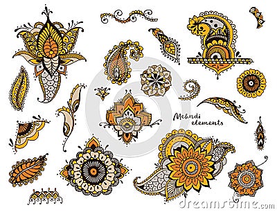 Set of hand drawn different mehndi elements. Stylized flowers, florals, leaves, indian paisley collection. Colorful Vector Illustration